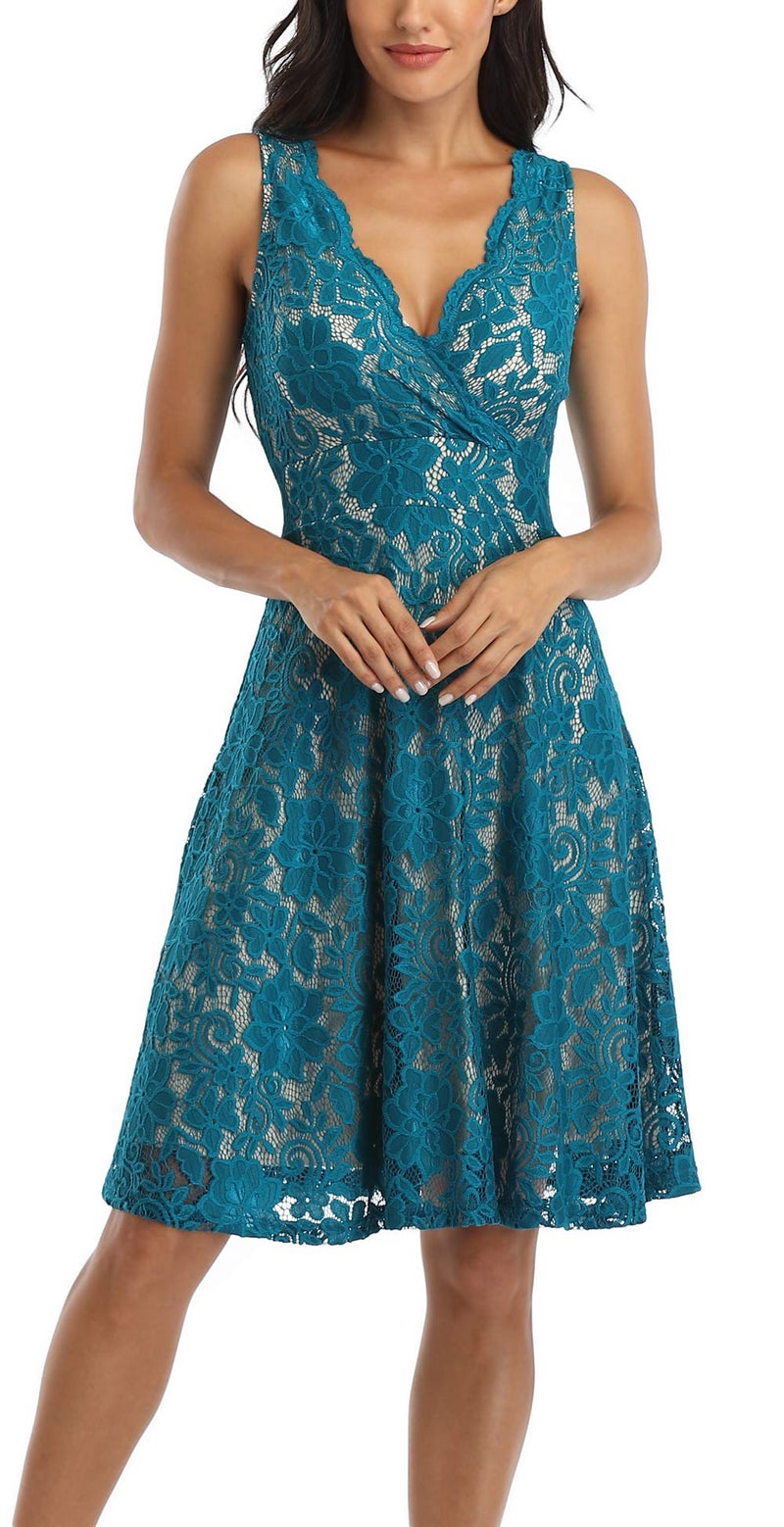 MISS MOLY Women Floral Lace Overlay Fit and Flare Dress Elegant V Neck Knee Length Skater Dress Peacock XS - Image 1